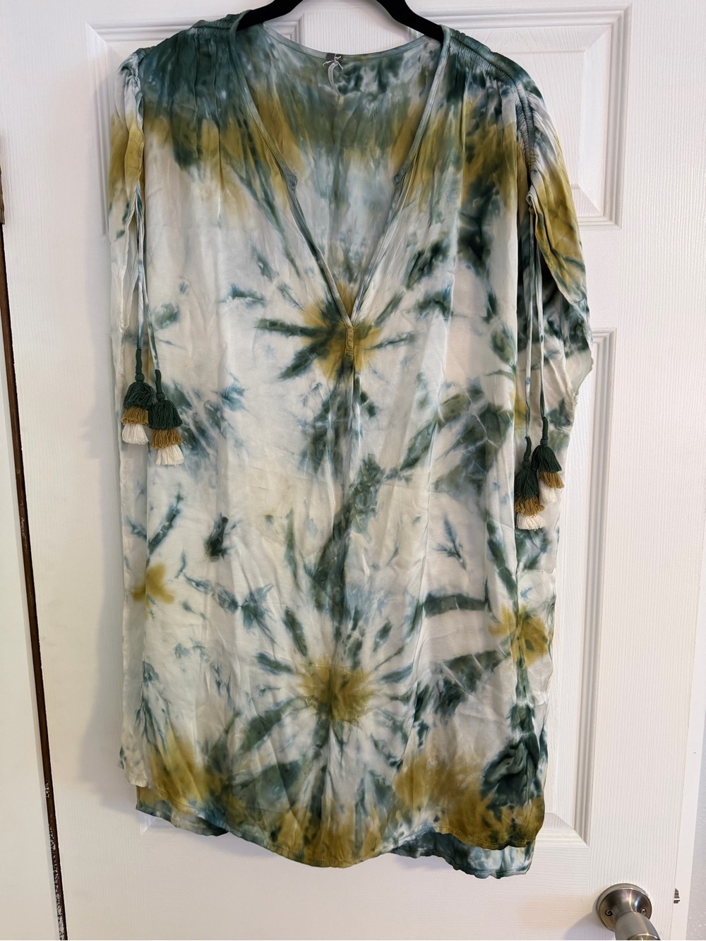 Young Fabulous & Broke Green and Yellow Tie-Dye Boho Tunic with Tassels